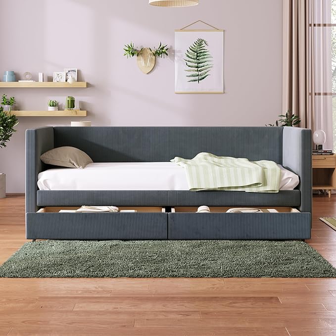 Twin Size Corduroy Pholstered Daybed with Two Drawers,Storage Sofa Bed Frame,W/Wood Slat Support,No Box Spring Needed,for Living Room Bedroom Apartment,Gray - LeafyLoom