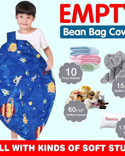 Lukeight Stuffed Animal Storage Bean Bag Chair Cover for Kids, Zipper Beanbag Chair Cover for Organizing Toddler & Kids' Rooms Plush Toys (Outer Space Velvet, Large) - LeafyLoom