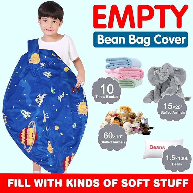 Lukeight Stuffed Animal Storage Bean Bag Chair Cover for Kids, Zipper Beanbag Chair Cover for Organizing Toddler & Kids' Rooms Plush Toys (Outer Space Velvet, Large) - LeafyLoom