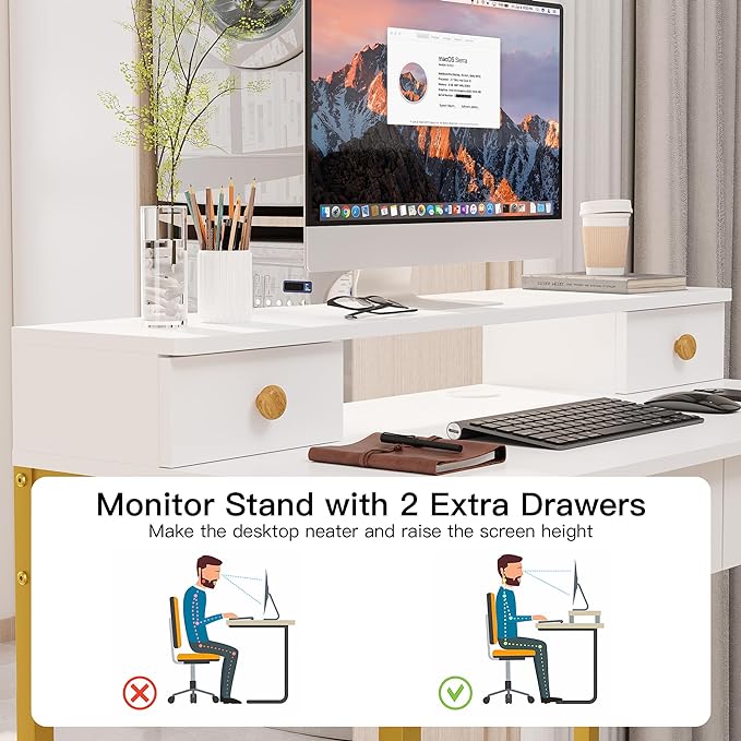 Elephance Small Computer Desk with Monitor Stand 39.37" Home Office Desk with 4 Drawers Study Writing Desk Gaming Table for Small Space - LeafyLoom