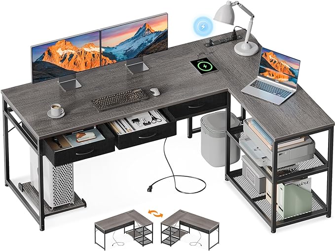 AODK 61 Inch L Shaped Computer Desk with Drawers, Corner Desk with Power Outlets & Reversible Storage Shelves, Movable CPU Stand for Home Office Gaming, Oak Grey - LeafyLoom