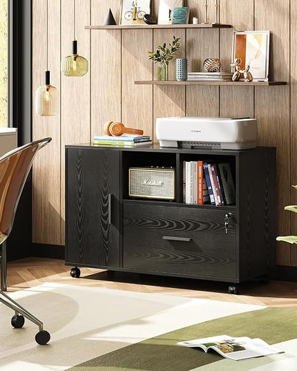 DEVAISE Office File Cabinet with Lock, 1-Drawer Wood Lateral Filing Cabinet on Wheels, Printer Stand with Open Storage Shelves for Home Office, Black - LeafyLoom