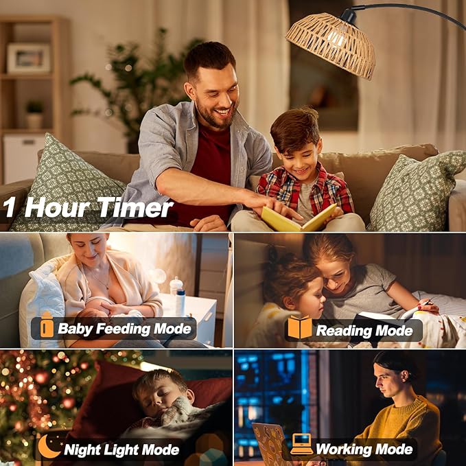 Rattan Floor Lamp- Modern Black Standing Floor Lamps with Remote Control and Stepless Dimmable Bulb, Hand-Worked Adjustable Rattan Lamp Shades Bohemian Floor Lamps for Living Room, Bedroom, Office - LeafyLoom