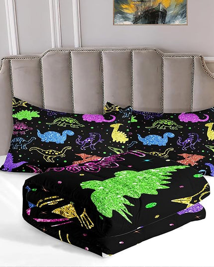 Dinosaur Kids Bedding Sets for Boys, Cartoon Dinosaur Comforter Sets Queen Size Colorful Dinosaur Bedding Soft Breathable Dinosaur Quilt for All Season (1 Comforter 2 Pillowcase) - LeafyLoom