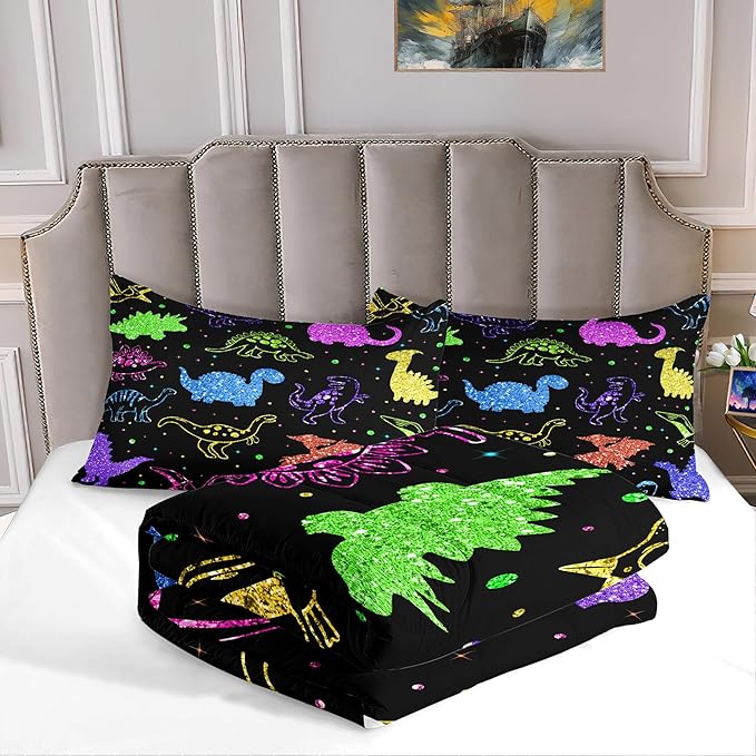 Dinosaur Kids Bedding Sets for Boys, Cartoon Dinosaur Comforter Sets Queen Size Colorful Dinosaur Bedding Soft Breathable Dinosaur Quilt for All Season (1 Comforter 2 Pillowcase) - LeafyLoom