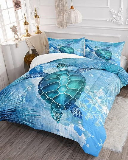 CVHOUSE Sea Turtle Bedding Set,Sea Turtle Comforter Queen,Ocean Bohemia Comforter Set for Boys Kids Girls,Ocean Quilt Set with 1 Comforter and 2 Pillow Cases - LeafyLoom