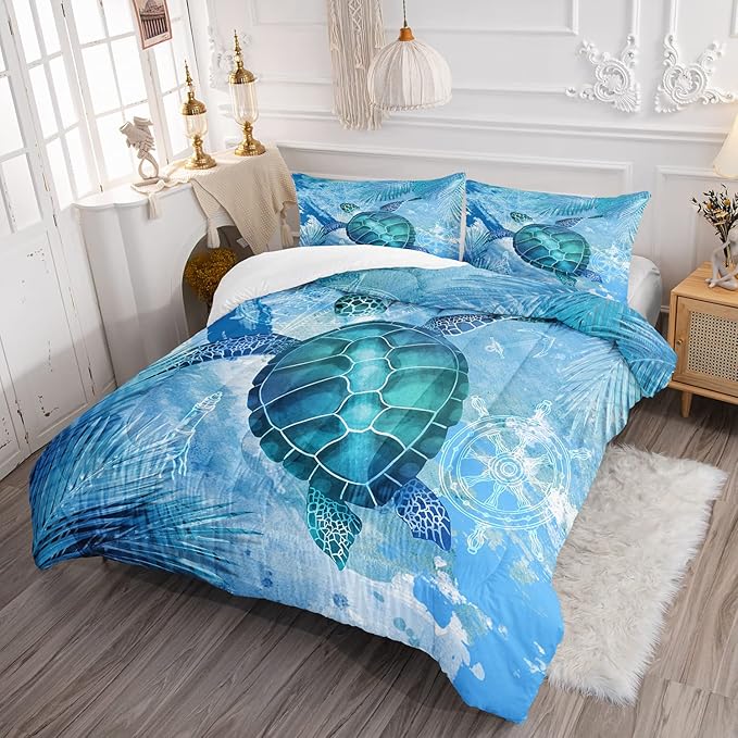 CVHOUSE Sea Turtle Bedding Set,Sea Turtle Comforter Full,Ocean Bohemia Comforter Set for Boys Kids Girls,Ocean Quilt Set with 1 Comforter and 2 Pillow Cases - LeafyLoom