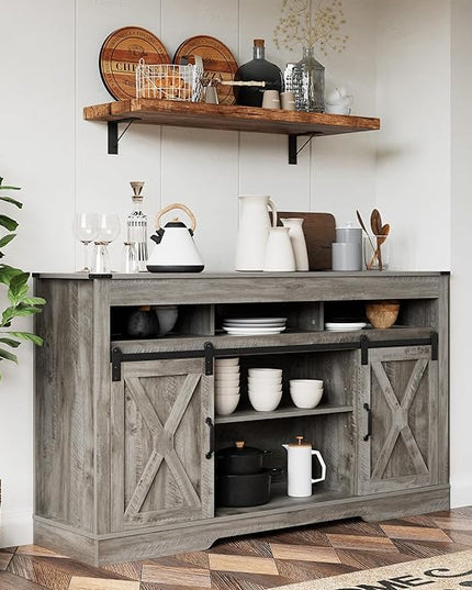 Farmhouse Stand for TVs up to 65+ Inch Tall Entertainment Center with Sliding Barn Door, Console Storage Cabinet for Bedroom, Living Room, Light Grey - LeafyLoom