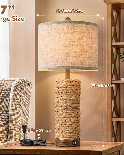 Set of 2 Rattan Table Lamps for Living Room with 2 USB Ports, 27in Tall Bedroom Lamp Costal Farmhouse, Rustic Woven Seagrass Bedside Nightstand Lamps for End Table, E26 Socket&Rotary Switch, No Bulb - LeafyLoom