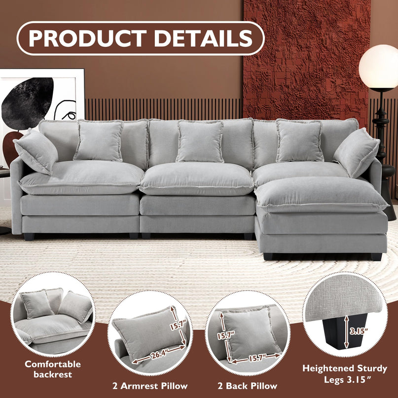 Ihanherry 111.4" L Shaped Modern Sofa Modular Sectional Cloud Couch with Ottoman, 4-Seat Chenille Deep Seat Sofa with Pillow for Living Room, Bedroom and Apartment, Beige LeafyLoom