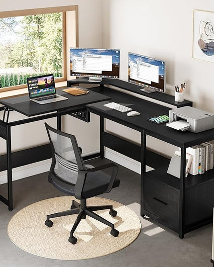 YITAHOME L Shaped Desk with File Drawer, 65" Large Computer Desk Corner Desk with Lift Top, Standing Desk Height Adjustable with Monitor Stand & Storage Shelves for Home Office, Black - LeafyLoom