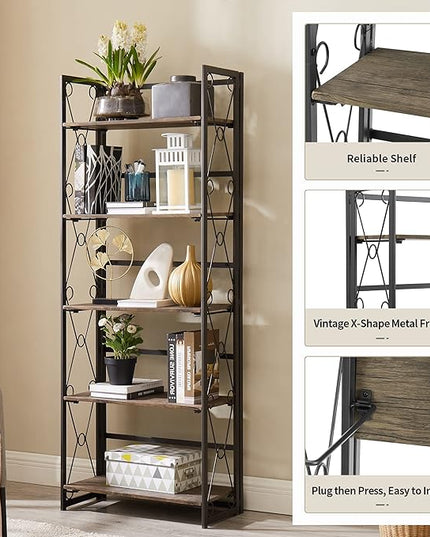 VECELO Folding Bookshelf, 5-Tier Bookcase Foldable, Industrial Tall Book Shelf Storage Organizer with Collapsible Metal Frame for Living Room/Home Office,Light Brown,1 Set - LeafyLoom