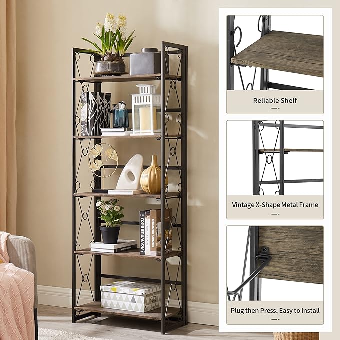 VECELO Folding Bookshelf, 5-Tier Bookcase Foldable, Industrial Tall Book Shelf Storage Organizer with Collapsible Metal Frame for Living Room/Home Office,Light Brown,1 Set - LeafyLoom