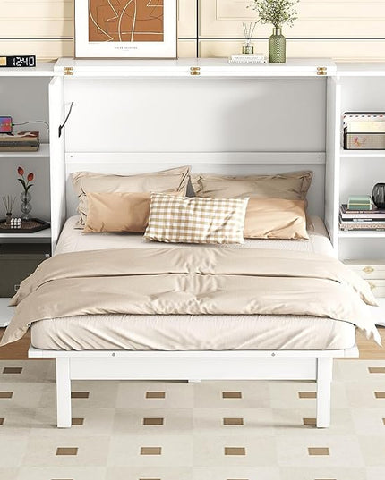 Queen Size Murphy Bed Foldable into Cabinet, Wooden Platform Bedframe with Shelves, Drawers and USB Ports, for Bedroom/Living Room, White - LeafyLoom