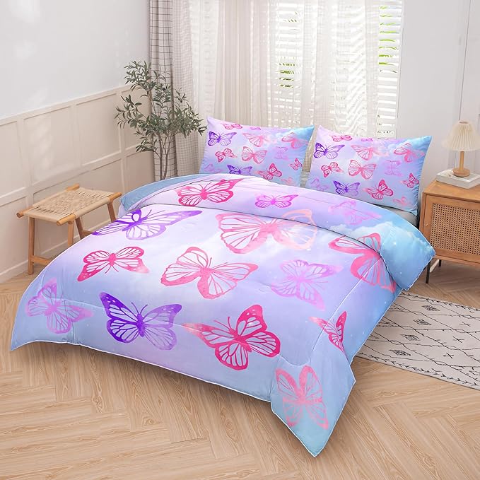 Tailor Shop Butterfly Comforter Sets Queen Size,Purple Butterfly Bedding Sets for Girls Kids Teens with 2 Pillowcase… - LeafyLoom
