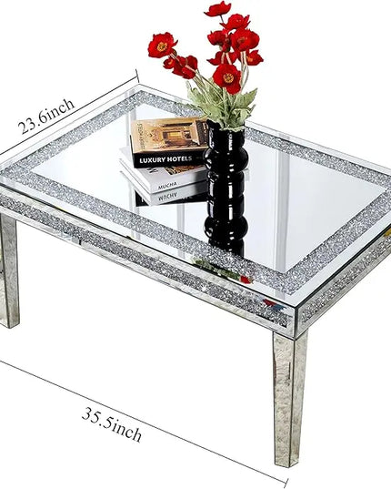 Silver Coffee Table with Crystals Inlay, 35 inches Modern Contemporary Accent Side or Coffee Table for Living Room with Mirrored Finished - LeafyLoom