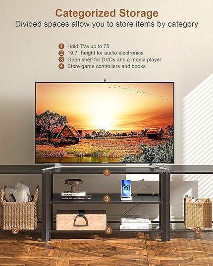Industrial TV Stand with Power Outlet for 55/65/70/75 inch TVs, 3-Tier Entertainment Center, TV Console Table with Open Storage Shelves, Wood TV Stand for Living Room, Bedroom, Black - LeafyLoom