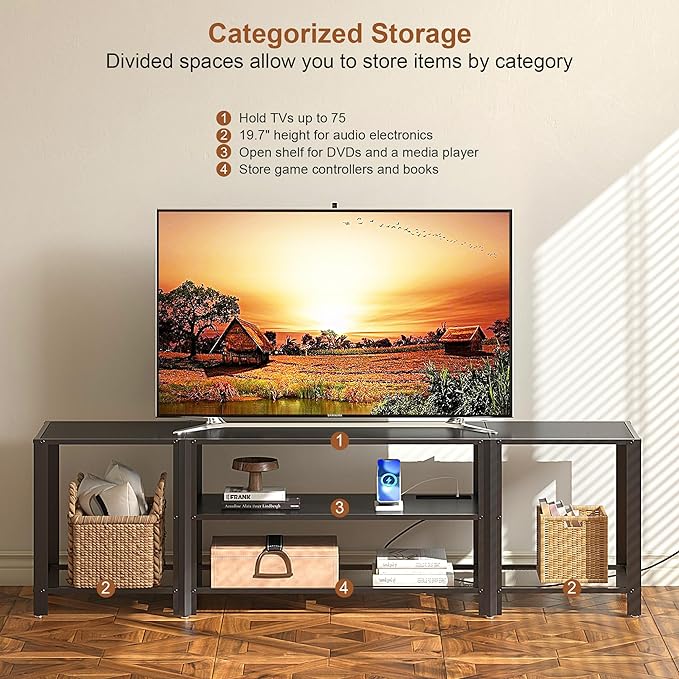 Industrial TV Stand with Power Outlet for 55/65/70/75 inch TVs, 3-Tier Entertainment Center, TV Console Table with Open Storage Shelves, Wood TV Stand for Living Room, Bedroom, Black - LeafyLoom