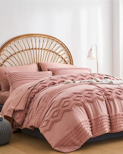 KAKIJUMN Blush Pink Tufted Comforter Set King Size 7 Piece Bed in a Bag, Shabby Chic Boho Comforter and Sheet Set, All Season Soft Microfiber Complete Bedding Set(Pink,King) - LeafyLoom
