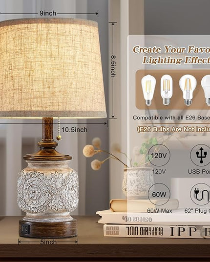 19.5" Farmhouse Bedside Table Lamps Set of 2 Rustic Lamps for Nightstand Bedroom with USB Ports Vintage Traditional White Carved Floral Night Light Lamps for Living Room End Tables Decor - LeafyLoom