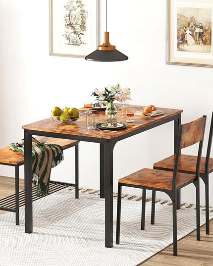 sogesfurniture 4-Piece Dining Table Set with 1 Bench and 2 Chairs, Kitchen Bench Table Set for 4, Wooden Kitchen Table and Chairs for Limited Space,Rustic Brown - LeafyLoom