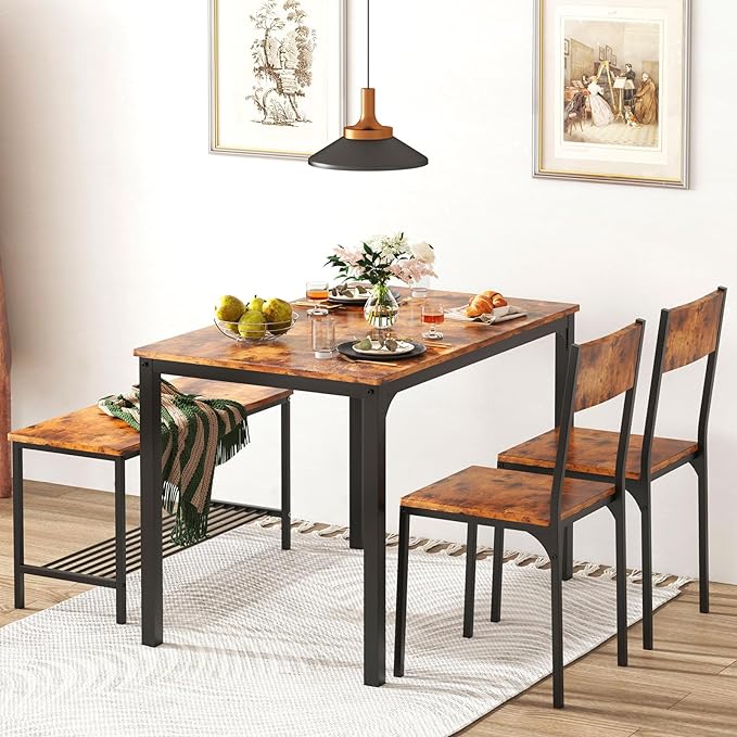 sogesfurniture 4-Piece Dining Table Set with 1 Bench and 2 Chairs, Kitchen Bench Table Set for 4, Wooden Kitchen Table and Chairs for Limited Space,Rustic Brown - LeafyLoom