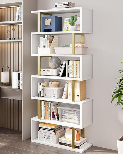Bookshelf geometric bookcase S Shaped industrial bookshelf Storage Display Stand Shelf for Living Room Bedroom and office Room (White, 6 Tier) - LeafyLoom