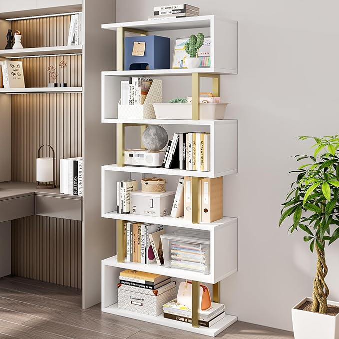 Bookshelf geometric bookcase S Shaped industrial bookshelf Storage Display Stand Shelf for Living Room Bedroom and office Room (White, 6 Tier) - LeafyLoom