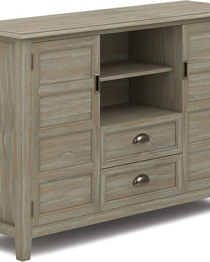 SIMPLIHOME Burlington SOLID WOOD Universal TV Media Stand, 54 inch Wide, Transitional, Living Room Entertainment Center, Storage Shelves and Cabinets, for TVs up to 60 inches in Distressed Grey - LeafyLoom