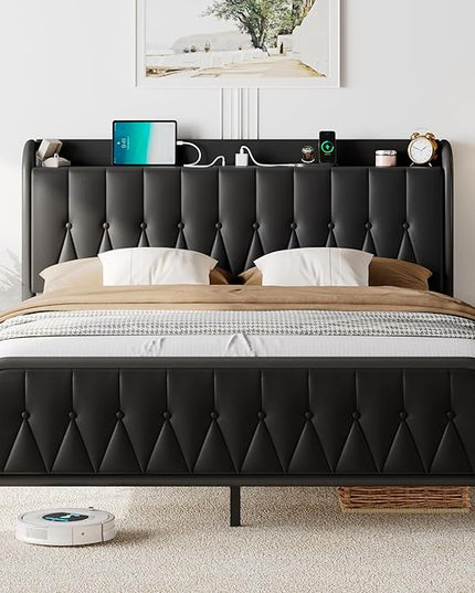 Feonase Full Bed Frame with Type-C & USB Port, Metal Platform Beds, with Faux Leather Upholstered Headboard & Footboard, 12" Underbed Storage Space, Easy Assembly, Noise-Free, Black - LeafyLoom
