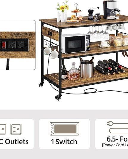 Yaheetech Kitchen Island with Power Outlet, Rolling Kitchen Cart with Wine Rack & Glass Holder & Hooks, Coffee Bar Microwave Stand Wine Rack Table for Dining Room, 47.5" W x 24" D, Rustic Brown - LeafyLoom