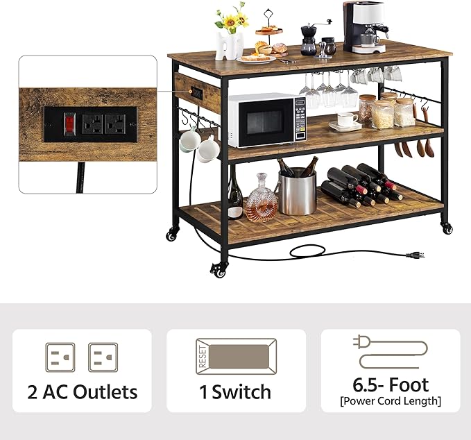 Yaheetech Kitchen Island with Power Outlet, Rolling Kitchen Cart with Wine Rack & Glass Holder & Hooks, Coffee Bar Microwave Stand Wine Rack Table for Dining Room, 47.5" W x 24" D, Rustic Brown - LeafyLoom
