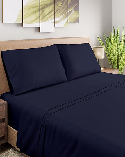 Purity Home Organic 100% Cotton King Size Sheets Set Navy, Percale Weave King Bedding Set, Crisp, Cooling & Breathable Navy Bed Sheets King Size, Fits Mattress Upto 16" Deep Pocket - LeafyLoom