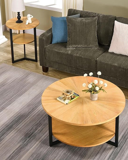MODERION 33.5" Round Coffee Table with 2-Tier Storage, Farmhouse Living Room Cocktail Table with Black Metal Leg, Solid Wood Industrial Sofa Center Table,Easy Assembly, Natural Wood KFZ1338OA - LeafyLoom