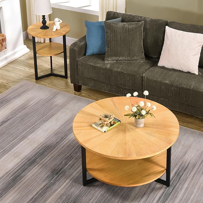 MODERION 33.5" Round Coffee Table with 2-Tier Storage, Farmhouse Living Room Cocktail Table with Black Metal Leg, Solid Wood Industrial Sofa Center Table,Easy Assembly, Natural Wood KFZ1338OA - LeafyLoom