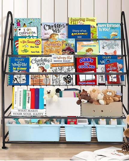 aboxoo Metal Kids Bookshelf Black Large Freestanding for Children Room 32 in Toy Organizer Large Stable Bookcase Bookstore Library Book Unit Storage Kids Bed Living Room - LeafyLoom