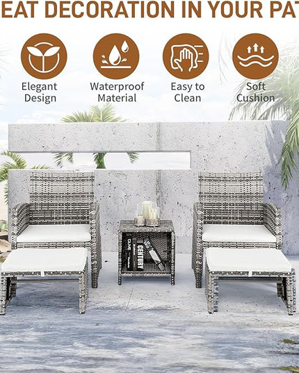 Outvita 5 Pieces Patio Furniture Set, Outdoor Rattan Sectional Sofa Conversation Sets with Coffee Table, Single Sofa and Ottoman for Garden Backyard Balcony Porch Poolside(Gray Gradient) - LeafyLoom
