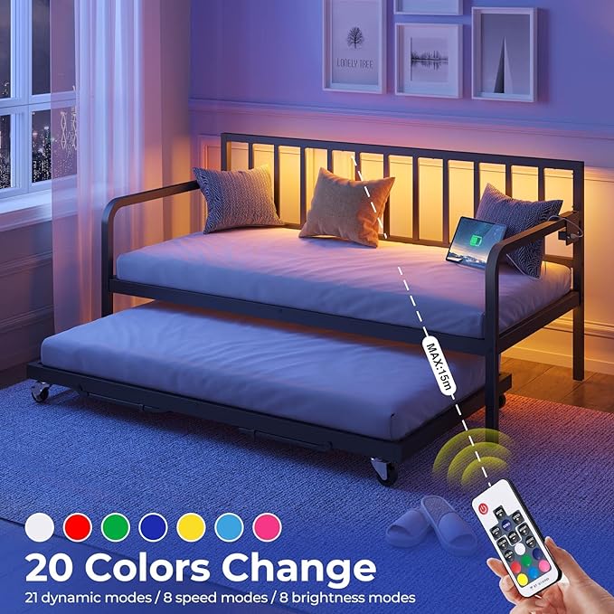 Rolanstar Daybed with Charging Station and LED Lights, Height Adjustable Twin Daybed with Trundle, Metal Sofa Bed Frame with Steel Slat Support for Living Room, Bedroom and Guest Room, Black - LeafyLoom