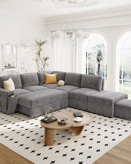 90.6'' L-shaped Modular Sectional Sofa with Storage Space, Ottoman and Pull-Out Bed, 6 Seat Upholstered Couch w/USB Ports & Cup Holders, for Living Rooms, Offices, Apartments, Gray, 90.6 Inch - LeafyLoom