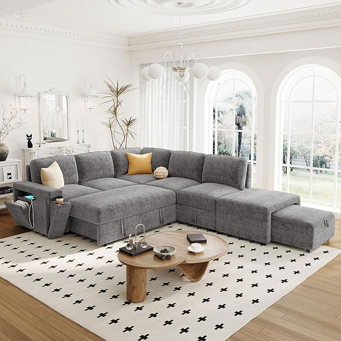 90.6'' L-shaped Modular Sectional Sofa with Storage Space, Ottoman and Pull-Out Bed, 6 Seat Upholstered Couch w/USB Ports & Cup Holders, for Living Rooms, Offices, Apartments, Gray, 90.6 Inch - LeafyLoom
