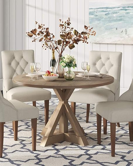 Finch Alfred Round Solid Wood Rustic Dining Table for Farmhouse Kitchen Room Decor, Wooden Trestle Pedestal Base, 46.5" Wide Circular Tabletop, Distressed Beige, 47 in x 47 in x 29.2 in - LeafyLoom