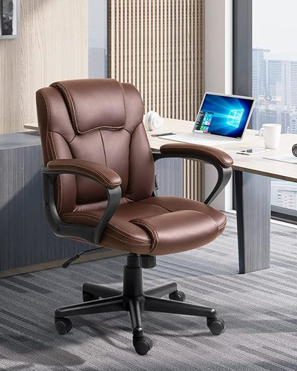 Executive Office Chair Swivel Task Seat with Ergonomic Mid-Back, Waist Support, PU Leather, 18D x 19W x 41H in, Brown - LeafyLoom