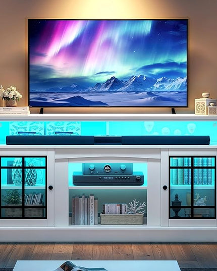 YITAHOME White TV Stand for 75/65 Inch TVs, 32'' Tall Mid Century Modern TV Cabinet with Adjustable Shelves and Glass Doors, Modern Entertainment Center TV Media Console Table for Living Room - LeafyLoom