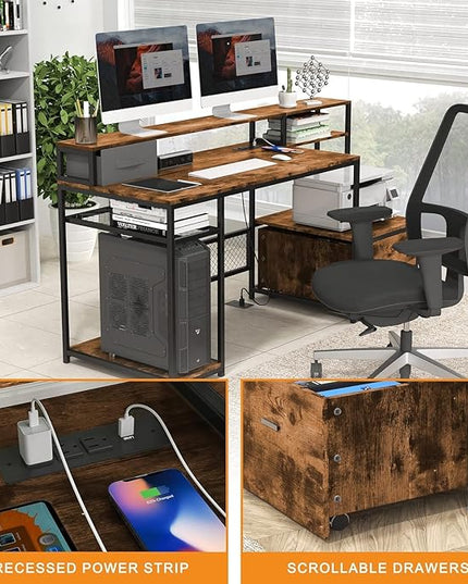 Home Office Desks with Drawers, 66'' Computer Desk with Storage, Office Desk with Monitor Stand, Work Desk with Outlets and USB, Gaming Table Desk with File Cabinet for Home Office Table, Brown - LeafyLoom