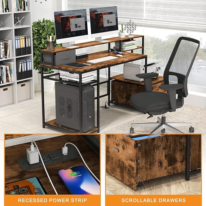 Home Office Desks with Drawers, 66'' Computer Desk with Storage, Office Desk with Monitor Stand, Work Desk with Outlets and USB, Gaming Table Desk with File Cabinet for Home Office Table, Brown - LeafyLoom