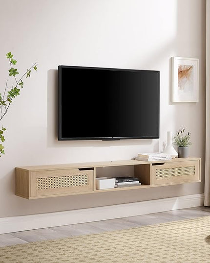 Walker Edison Modern Rattan Flip-Down-Door Wall-Mounted Floating Stand for TVs up to 80 Inches, 70 Inch, Coastal Oak - LeafyLoom