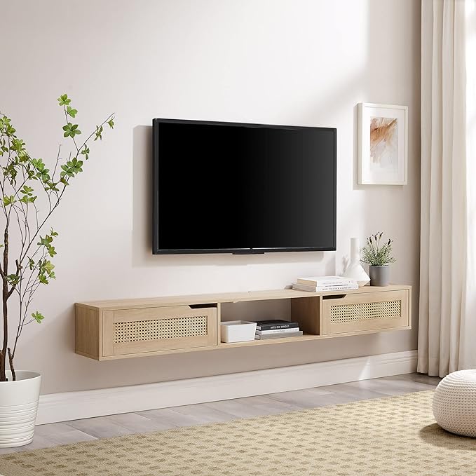 Walker Edison Modern Rattan Flip-Down-Door Wall-Mounted Floating Stand for TVs up to 80 Inches, 70 Inch, Coastal Oak - LeafyLoom