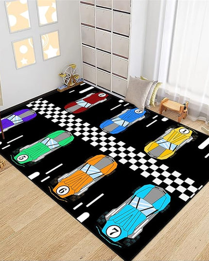 Race Car Rug Kids Play Area Rugs Race Car Track Rug Kids Rug with Roads and Tracks Car Track Carpet Car Rug for Boys Room Race Car Room Decor for Boys,Black 3'×5' - LeafyLoom