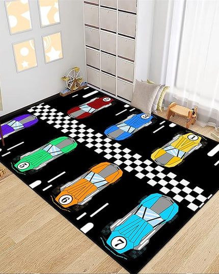 Race Car Rug Kids Play Area Rugs Race Car Track Rug Kids Rug with Roads and Tracks Car Track Carpet Car Rug for Boys Room Race Car Room Decor for Boys,Black 4'5''×6' - LeafyLoom