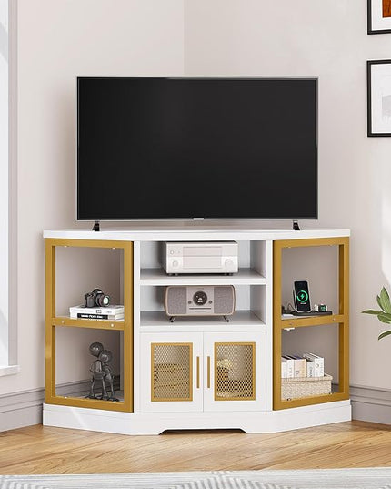 YITAHOME Corner TV Stand for TVs up to 55/50 Inch with Power Outlet, Modern Farmhouse Entertainment Center, Wood TV Media Console with Storage Cabinets Shelves for Living Room, 47", Gold - LeafyLoom